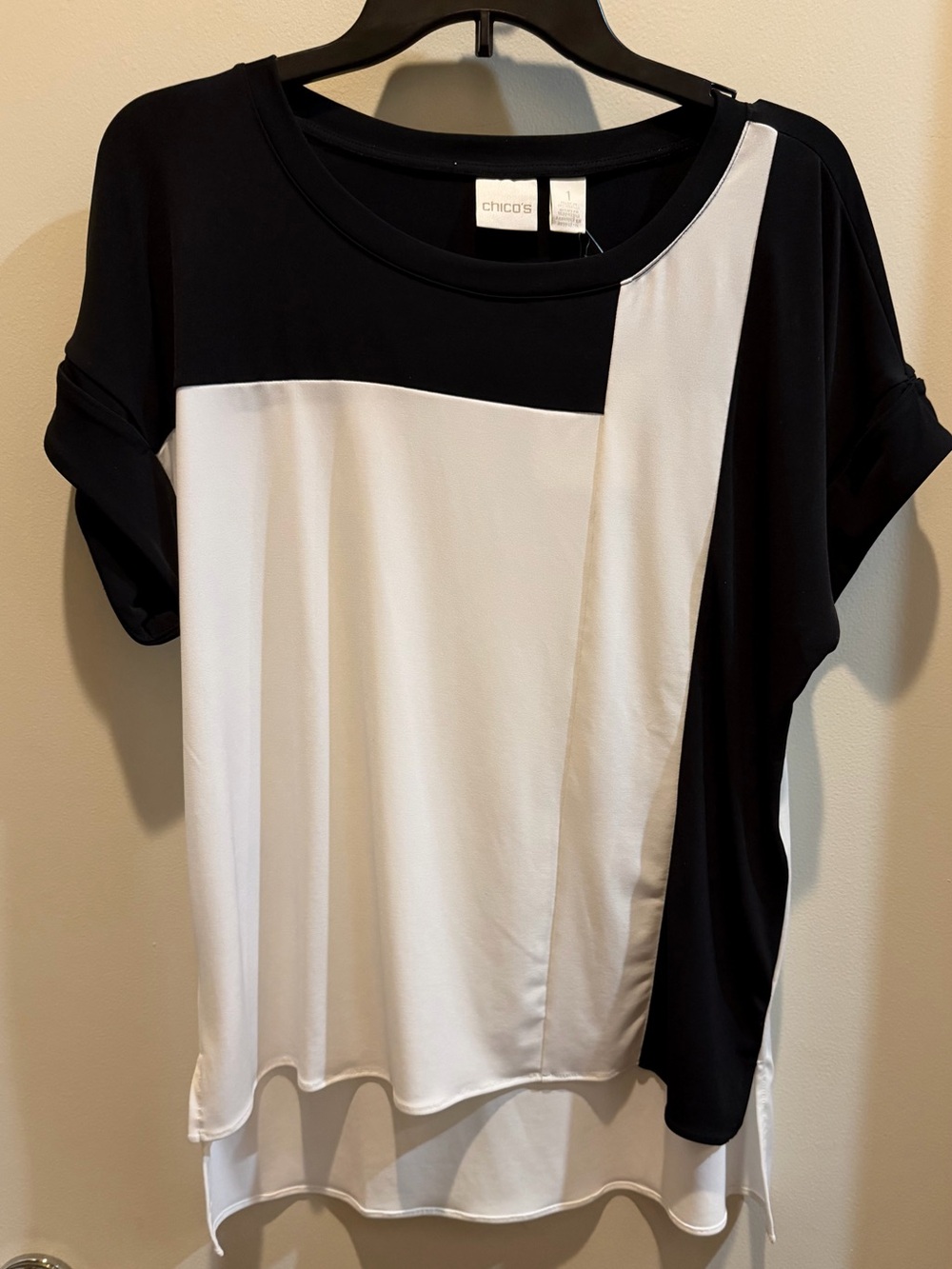 Chico's Black and White Asymmetrical Colorblock Short Sleeve Top-1